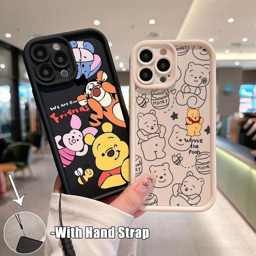 Winnie Pooh Plain Multistep Phone Case for OPPO A5 A7 A16 A17 A38 A53 A54 A55 A58 A72 A74 A76 A78 A94 A98 4G 5G With Hand Strap