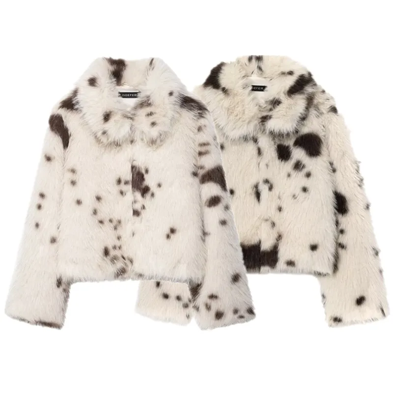 معطف جايت نسائي لشتاء 2025 مطبوع عليه حيوانات من الفرو الصناعي فضفاض مناسب طويل Sve وياقة قلابة وزر بطول منتظم #5