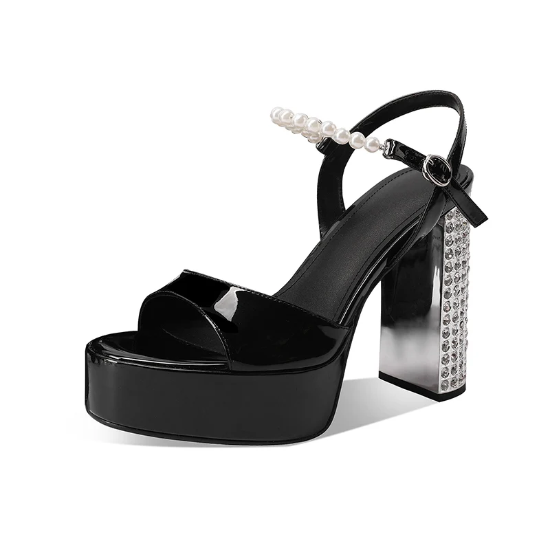 

Arden Furtado Summer Cowhide Patent Leather platform Pearl chain Banquet shoes round toe Super high heel word-cingulate sandals