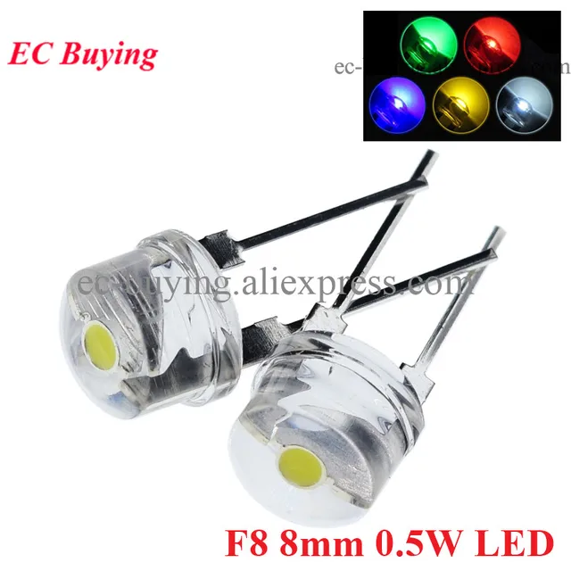50szt F8 8mm 0.5W Straw Hat LED Diode Ultra Bright Lamp Clear Transparent Strawhat LED Red Blue Warm White Emerald Green Pink