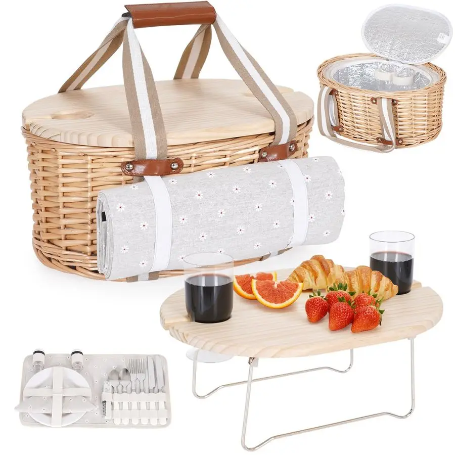 Juego de Cestas de Mimbre para 2 Personas, Cesta de Picnic Aislada con Manta Impermeable, Mesa de Picnic Plegable para Vino y Juego de Cubiertos, Cesta de Picnic