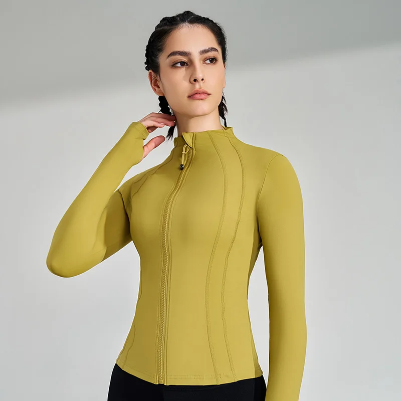 Women's Sports Fitness Zip Long Sleeve Jacket Standing Collar Yoga Running Slim Top Breathable Quick Dry Gym Training Clothes