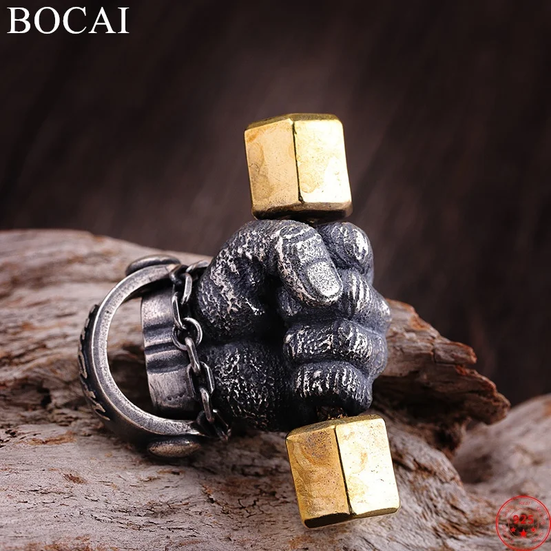 

BOCAI S925 Sterling Silver Charms Pendants for Women Men New Fashion People Holding Dumbbells Punk Jewelry Free Shipping