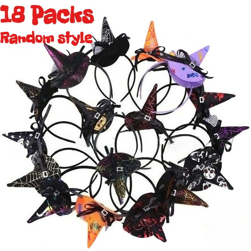 18 Packs Halloween Witch Hat Headbands - Scary Plastic/Fabric Witches Hats for Cosplay Costumes, Party Favors, Themed Events