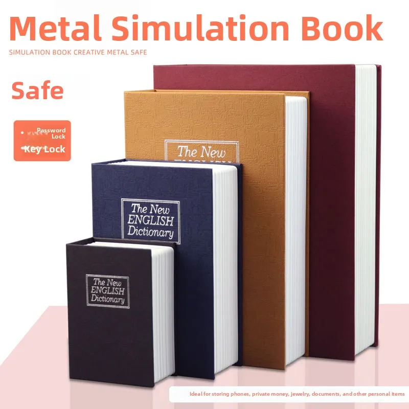 

Metallic Book Shaped Password Protected Safe Box Coin Storage Container Key Holder Realistic Toy for Home Organization