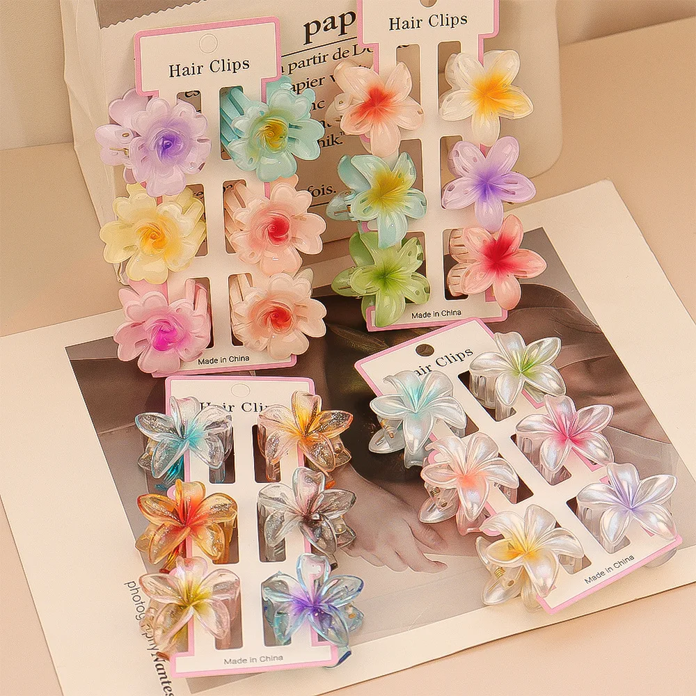 6 uds. Pinzas en forma de garra para el pelo pequeñas con flores transparentes coloridas para mujer, pasador de horquilla a la moda, accesorios para el cabello humaлки
