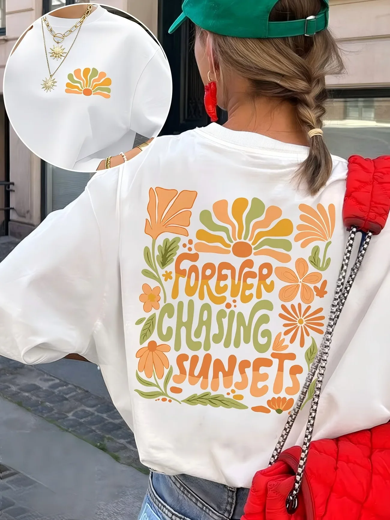 Camiseta vintage con estampado floral de sol |   Camiseta para mujer Forever Chasing Sunsets |   Top Boho de Verano con Manga Corta |   Camiseta Casual Estética