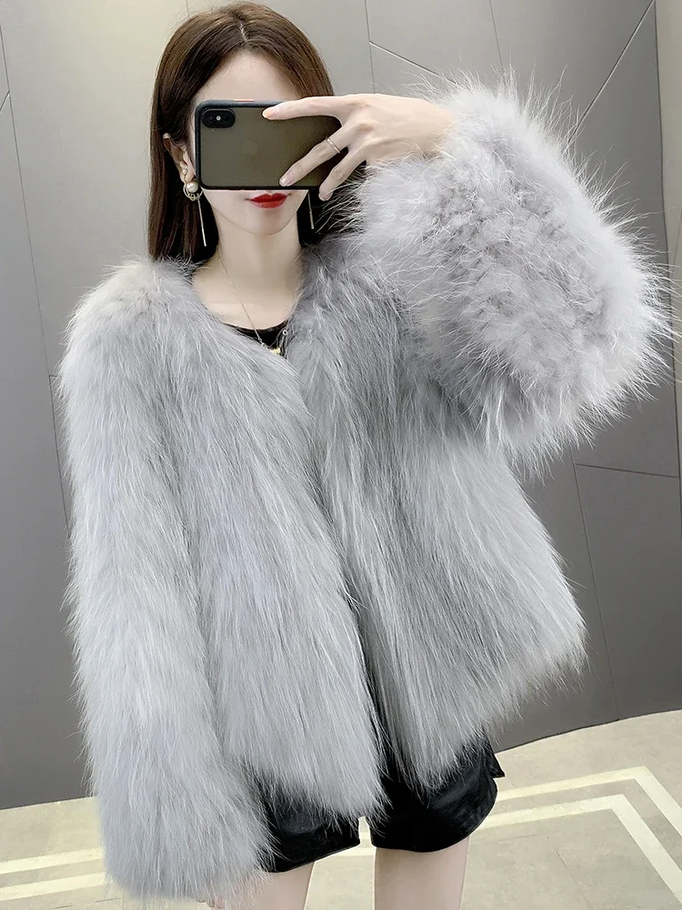 Fox Fur Coat Raccoon Double-sided Braided Jackets for Women Short Long Sleeve Knitted Thick Warm High Street Women's Clothing1Pc
