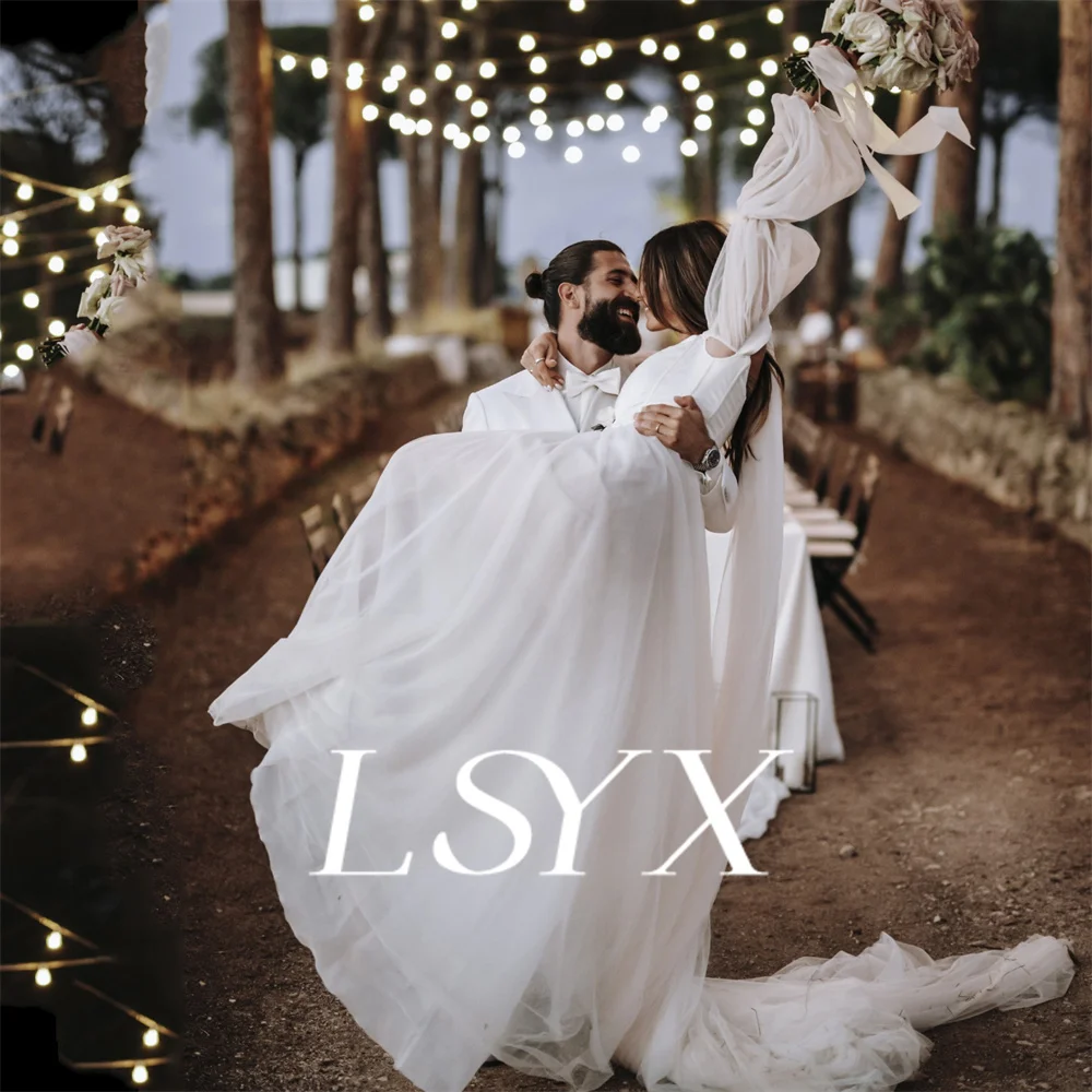 LSYX Boho Off-Shoulder Illusion Long Puff Sleeves Tulle Wedding Dress Zipper Back Court Train Bridal Gown Custom Made