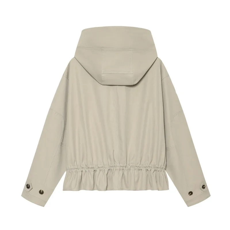 Women 2026 Spring Autumn New Hot Selling Solid Color Stand Collar Drawstring Waist Hooded Windbreaker Jacket Trendy Chic Casual
