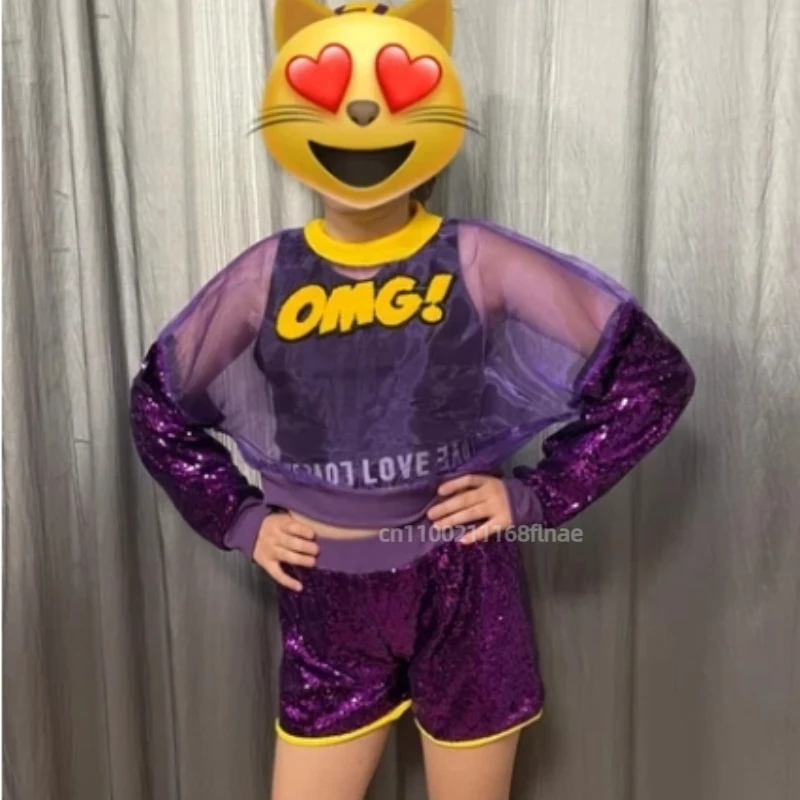 Traje de baile de Jazz para niña, versión coreana, traje de baile callejero de Hip-hop para niños con traje de actuación de lentejuelas con ombligo expuesto