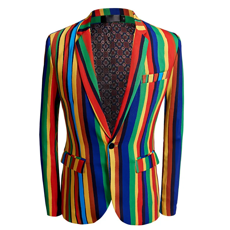 Fashion Men‘s Business Colorful Stripes Rainbow Formal Suit Trousers / Male Slim Stage Party 2 Pcs Blazers Sets Jacket Pants