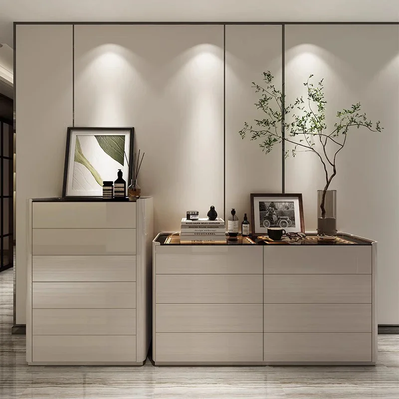 

Italian high-grade gray bedroom high and low combination jewelry cabinet, simple light luxury storage chest cabinet, high-end