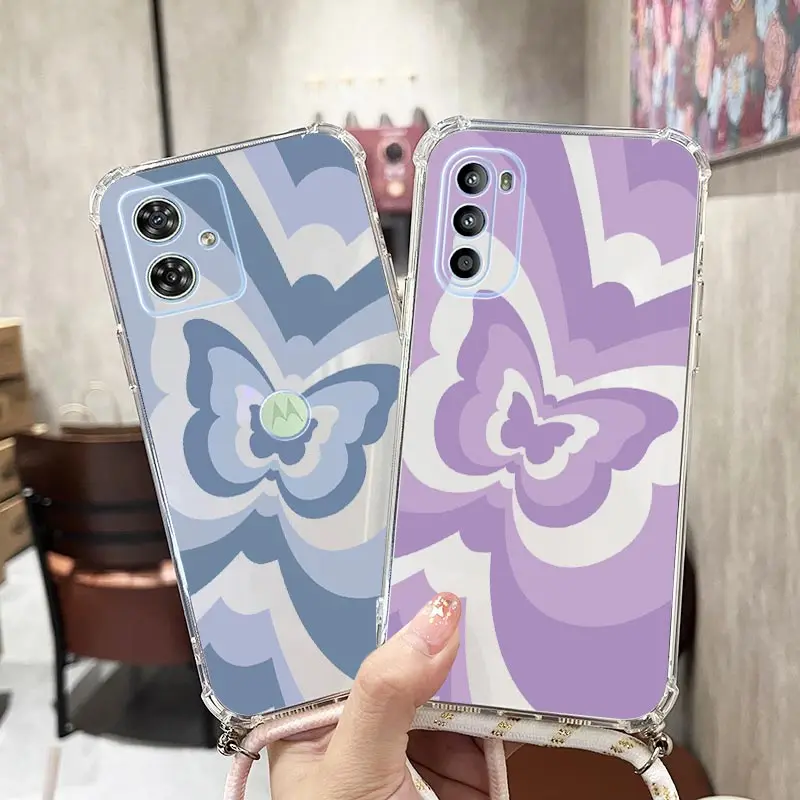 G54 Gentle Butterfly Transparent Lanyard Phone Case For Motorola Moto G54 G42 G14 G34 G32 G52 G24Power G53 G9 G41 G8 G13 Cover