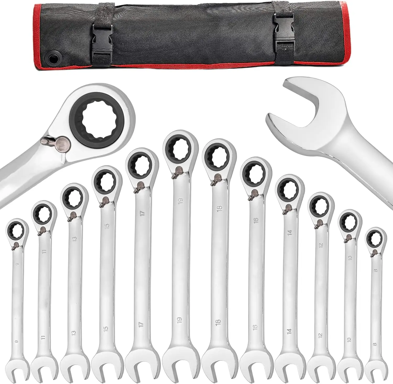 12-Piece Reversible Ratcheting Combination Set, 72 Teeth,Metric 8mm-19mm with Storage Bag, for motorcycle/car/mechanical etc.