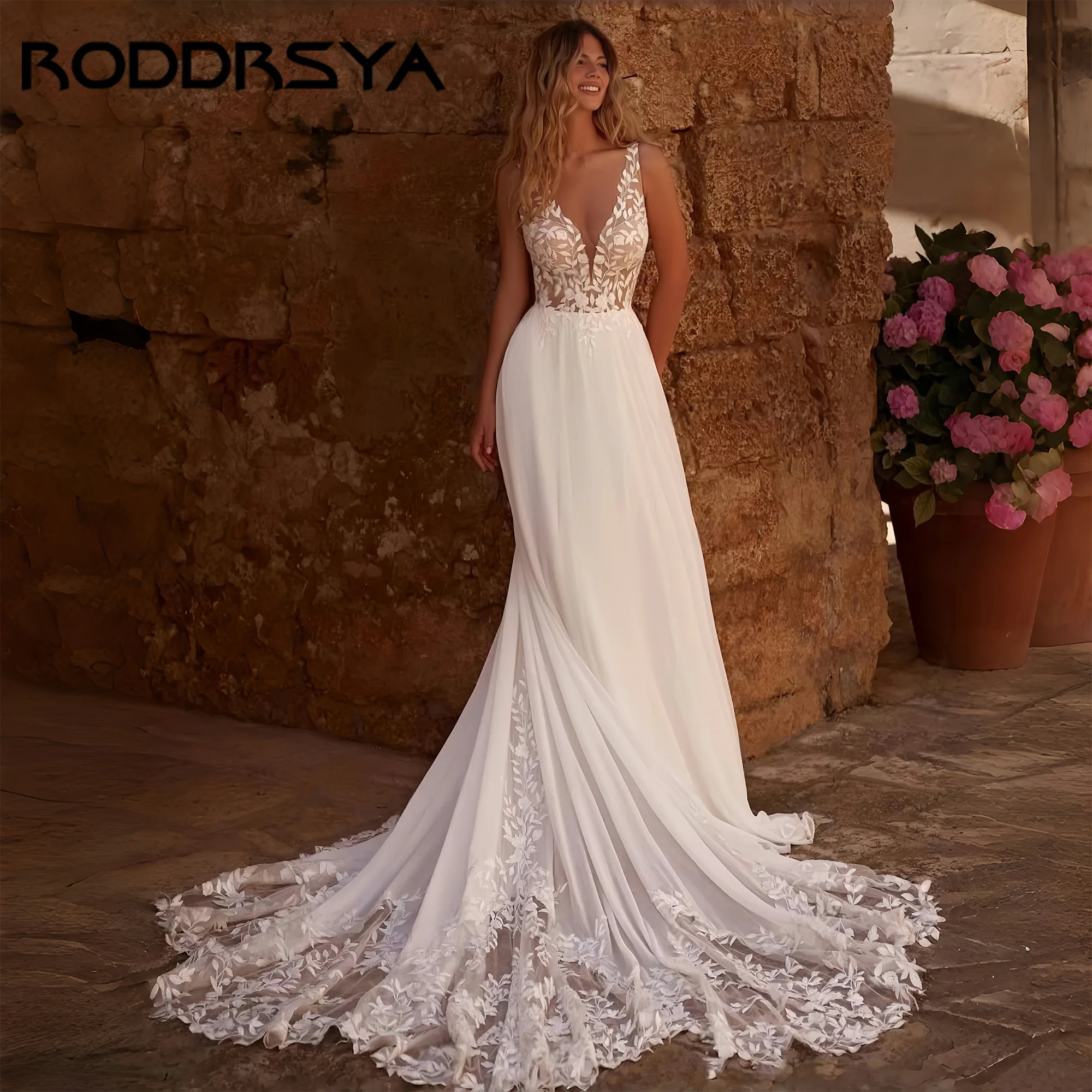 

Classic Luxury Wedding Dresses A Line Bridal Gowns Lace Appliques Sleeveless Backless Deep V Neck Vestidos De Novia Customized