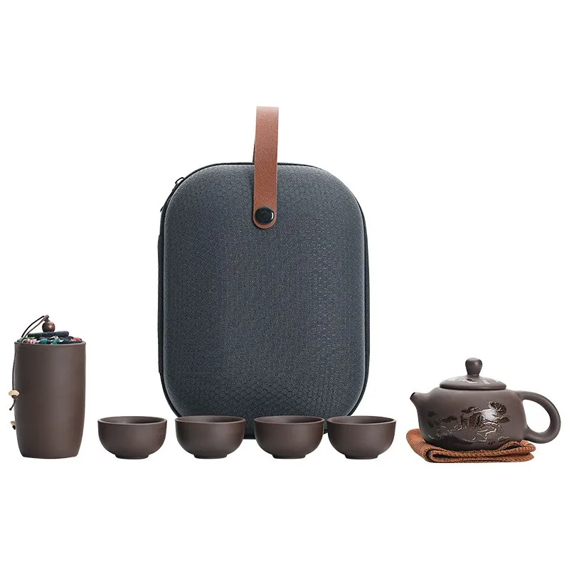 Purple Clay Travel Tea Set with One Pot And Four Cups Portable Outdoor Storage Quick Cup Kung Fu Style Small Gift Set view 4
