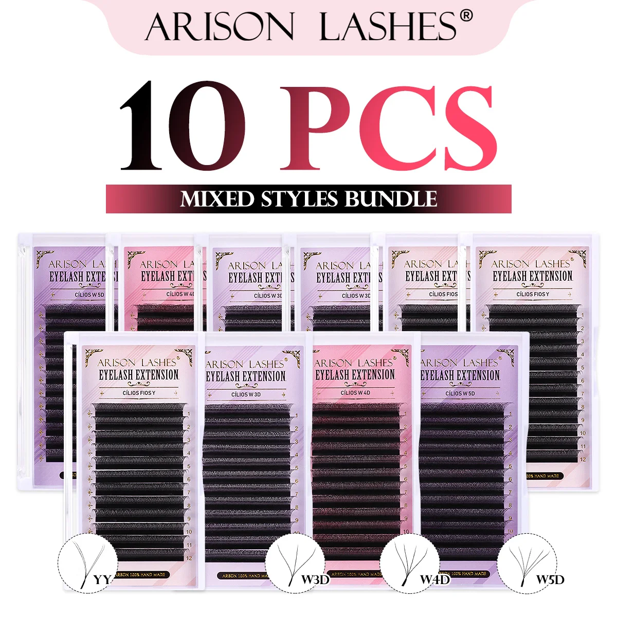 

ARISON 10 Boxes YY/3D/4D/5D Eyelash Extensions Premade Fans Volume Lashes Mixed Styles Starter Bundle Set