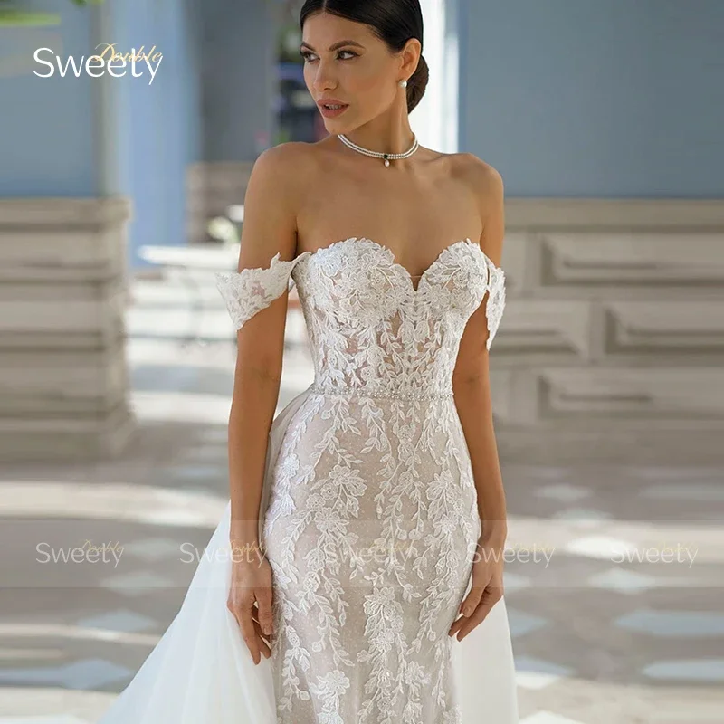 Abito da sposa con strascico staccabile a sirena in organza con ricamo abito da ballo con scollo a barca senza maniche con lacci Robe De Mariee personalizzato