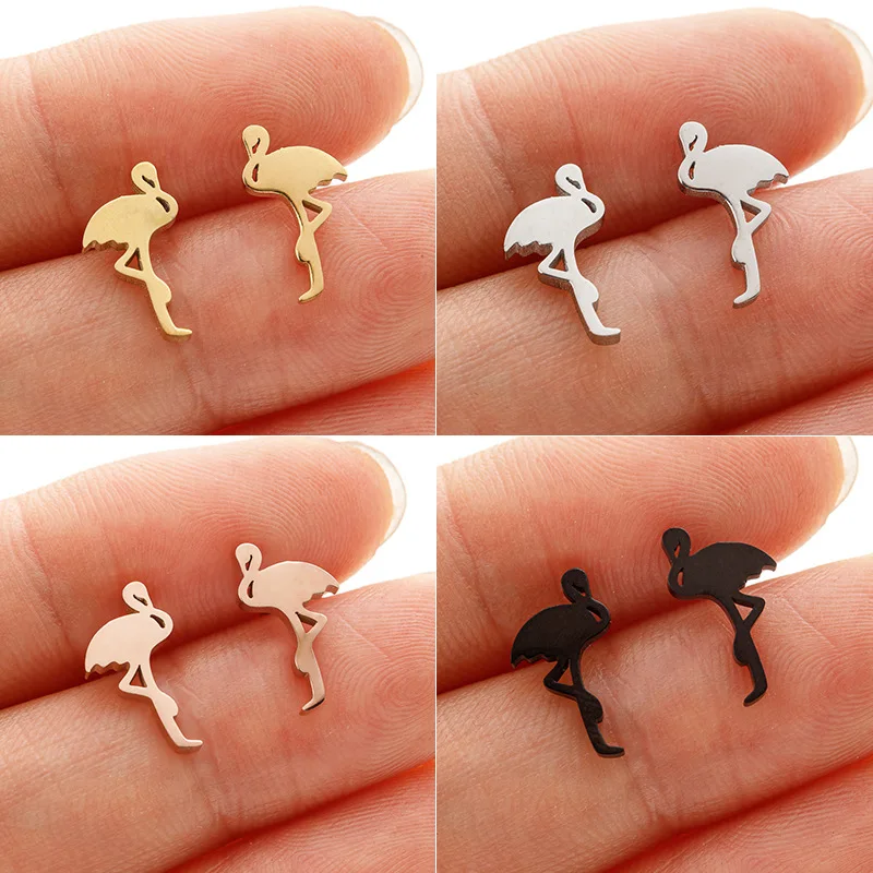 2025 autumn new stainless steel flamingo ostrich stud earrings mini cartoon small animal earrings cross-border accessories
