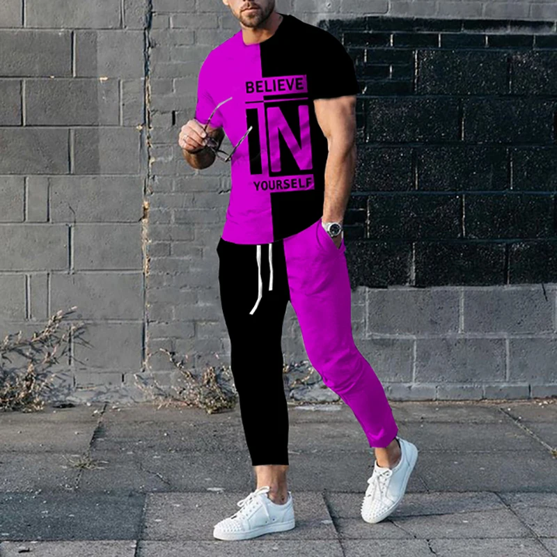 Homens 3D Print T-shirt e calças conjunto treino, ternos extragrandes, Sportswear, Streetwear, camisa, calças, Believe in Yourself, 2 pcs