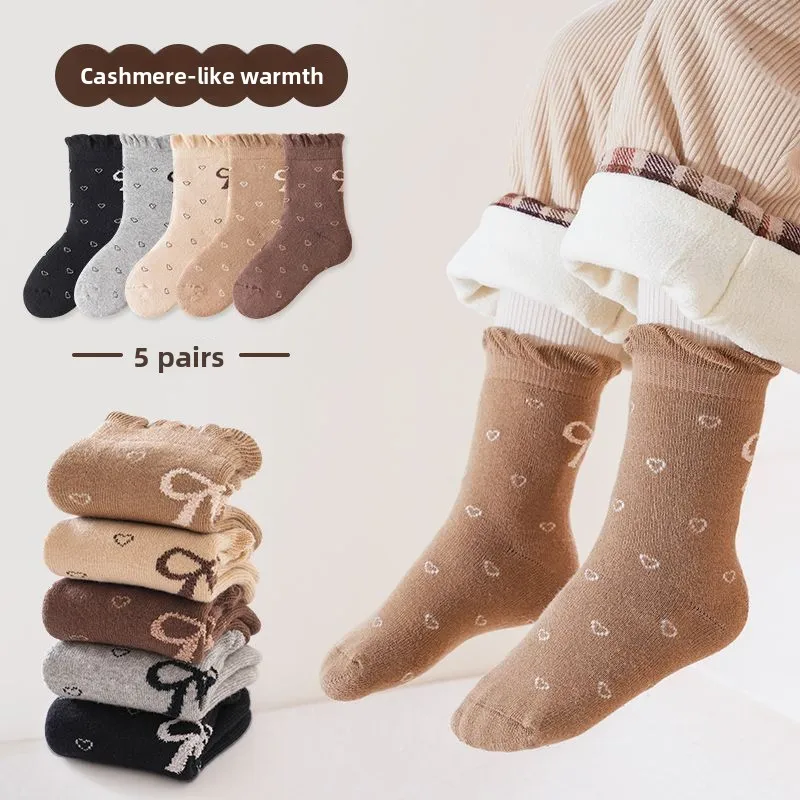 5 Pairs Kids Thick Terry Crew Socks Autumn Winter Mid Calf Princess Warm Cotton Socks for Baby Girls Children