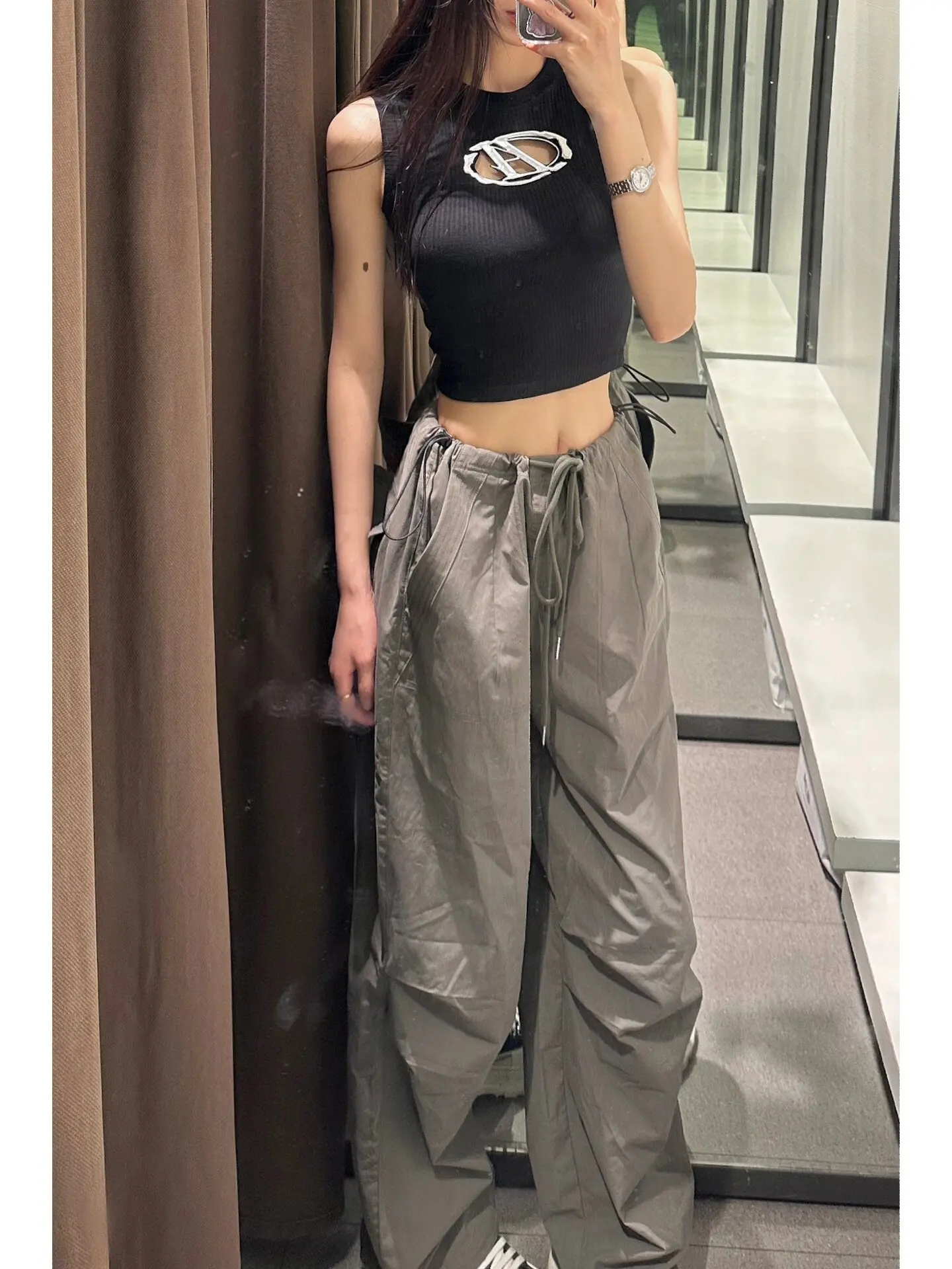 Retro American Work Pants Women Loose Dstring Low Waist Spring Summer Thin Sle 2024 Spicy Girl Casual Wide Leg Pants