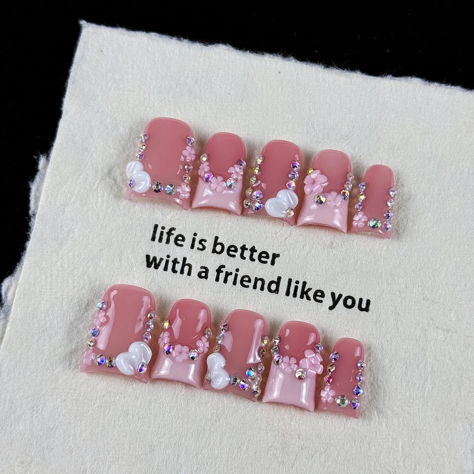 10 uñas postizas de alta gama estilo chica rosa, diseño tridimensional pintado a mano, con pequeños diamantes 3