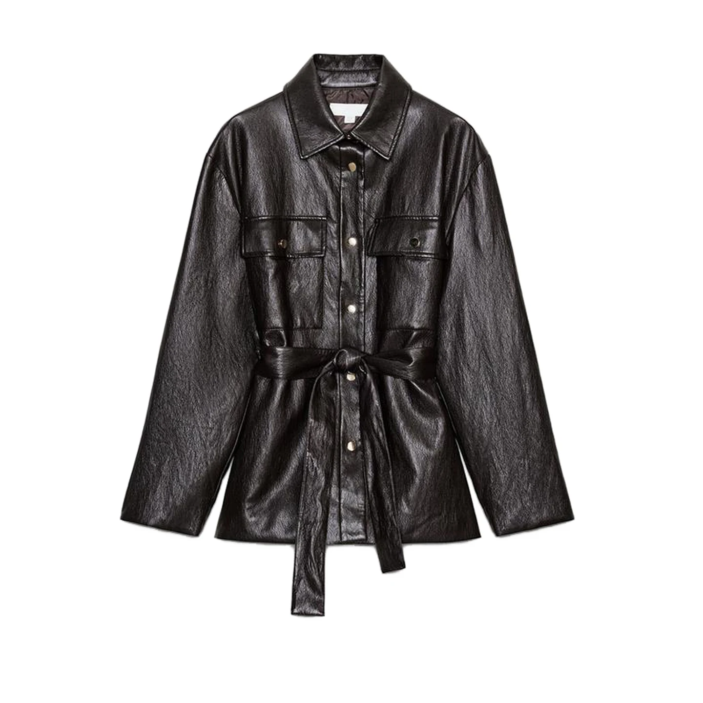 خريف شتاء جديد المرأة طويلة Sve بولي Leather الجلود Jaet مع حزام الأمريكية Sle الوقوف طوق معطف السيدات Faion ملابس خارجية