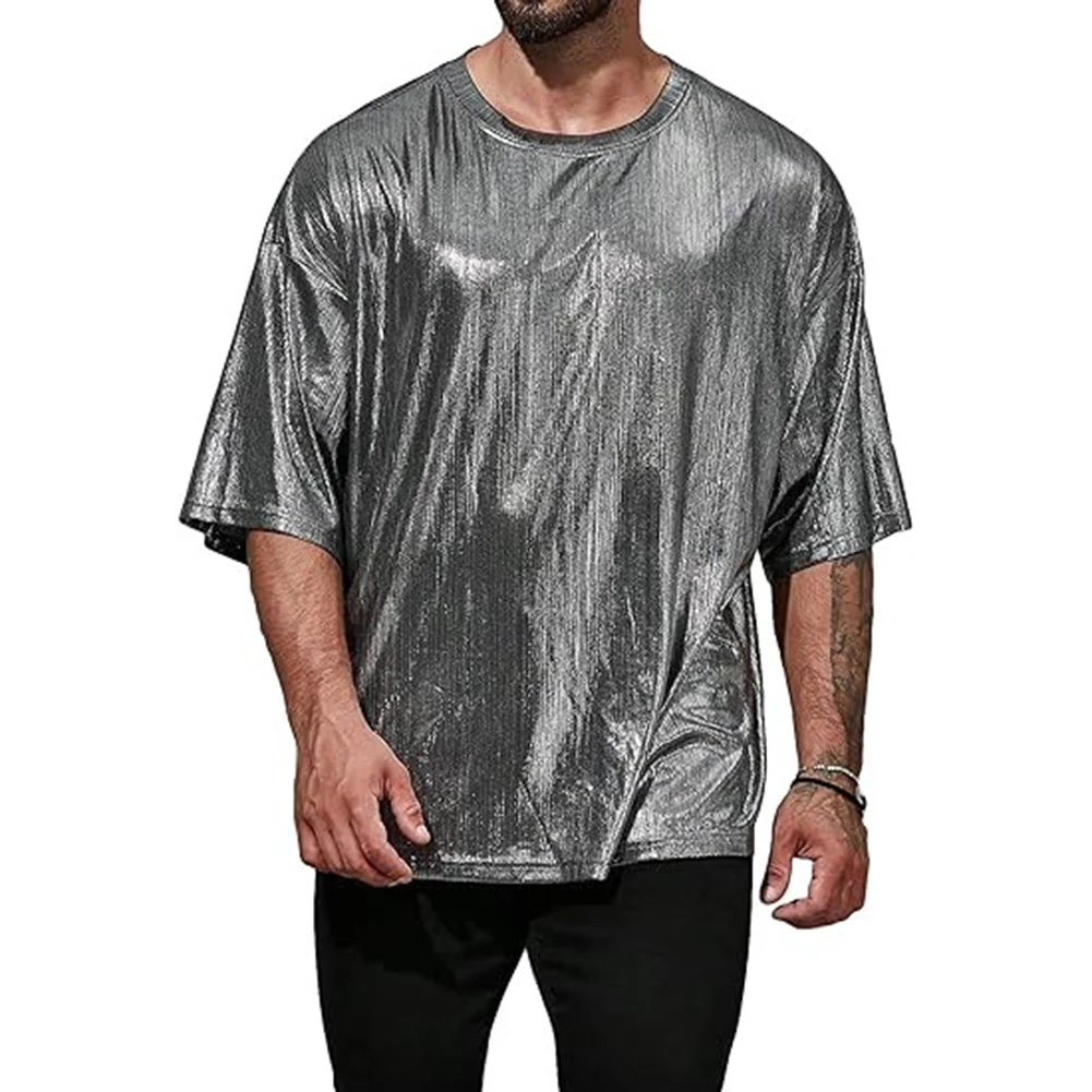 Streetwear T-Shirt Loose Mens O-neck Sequins Shiny Short Sleeve Solid Color Daily Holiday Party Nightclub Comfy