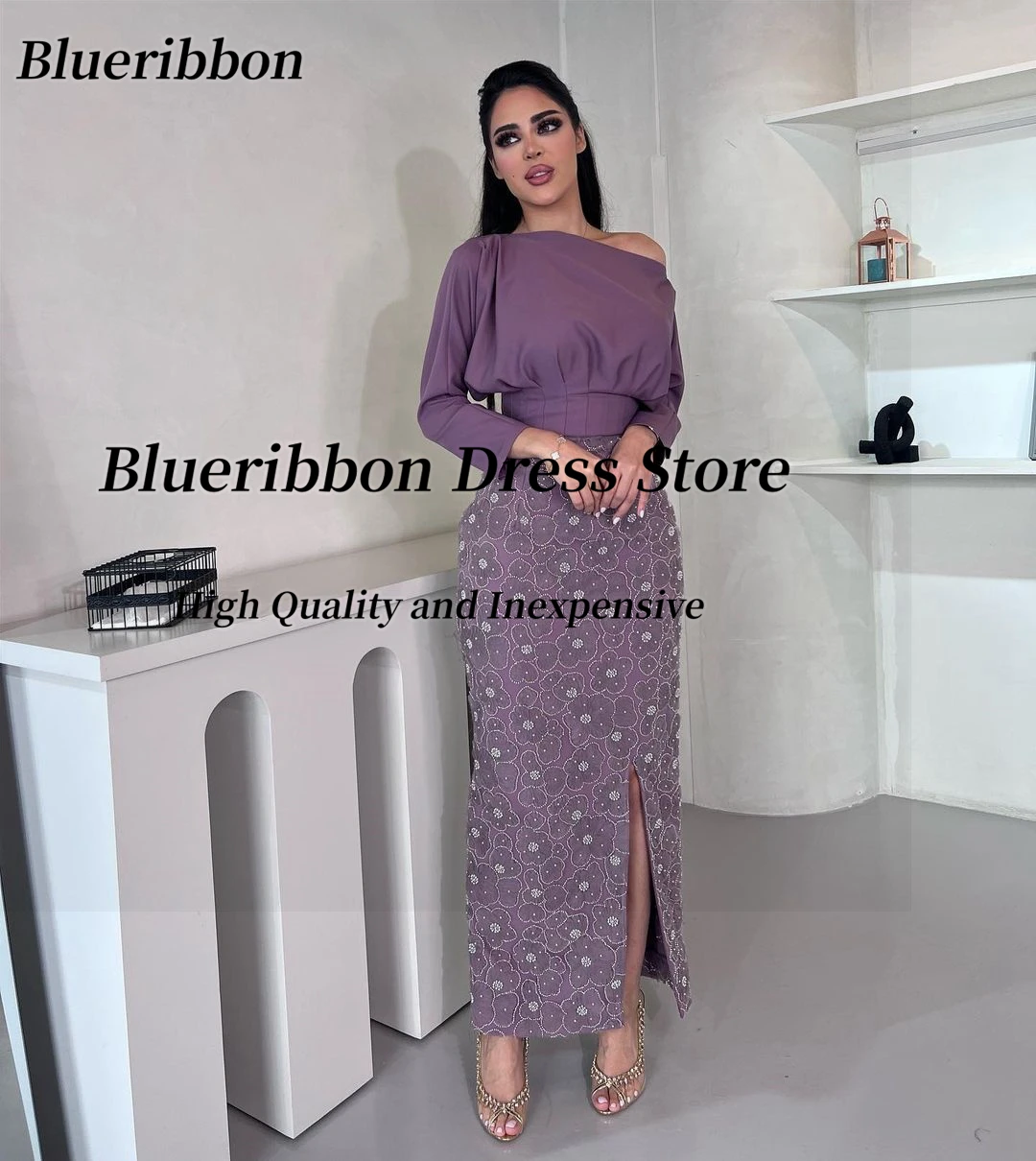 Blueribbon Modern Prom Dresses 2024 Long Sleeves Birthday Party Saudi Arabia Women Wear Beaded Lace Flowers Evening Formal Gowns