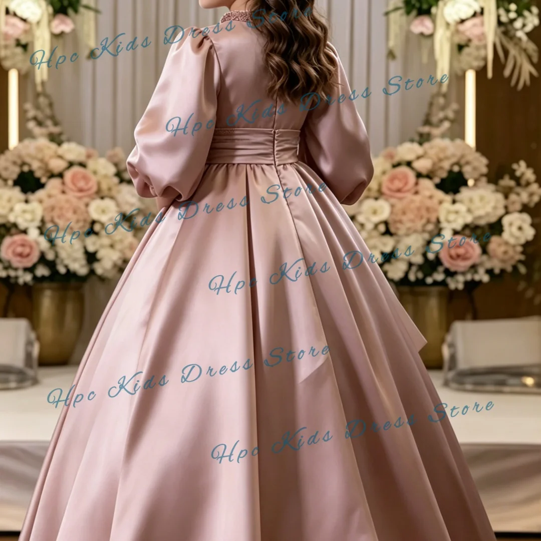 Robe de demoiselle d'honneur en satin rose, manches longues bouffantes, taille smockée, robe de bal élégante de princesse, tenue pour enfants pour mariage et fête d'anniversaire