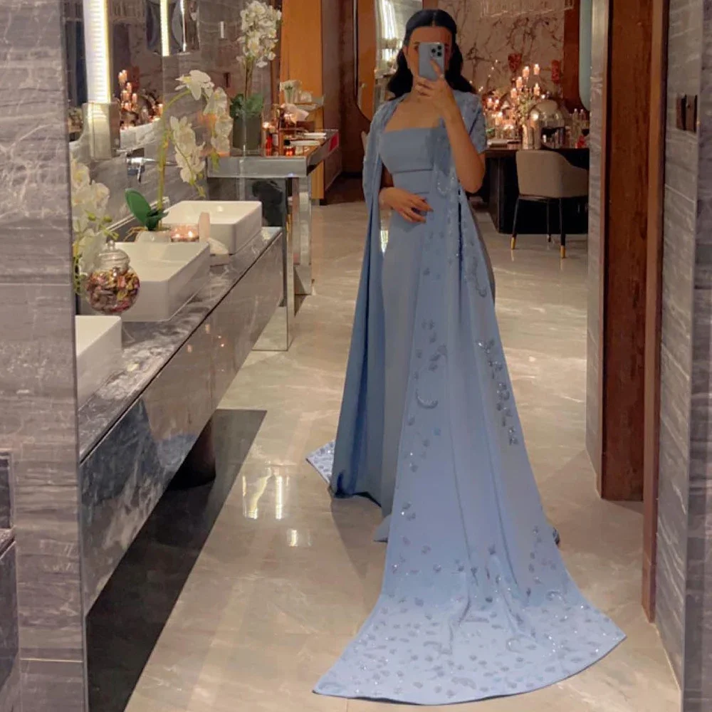 

Dubai Luxury Beaded Blue Satin Evening Dresses for Women Elegant Wedding Party Long Cape Sleeve Mermaid Arabic Gowns 2024