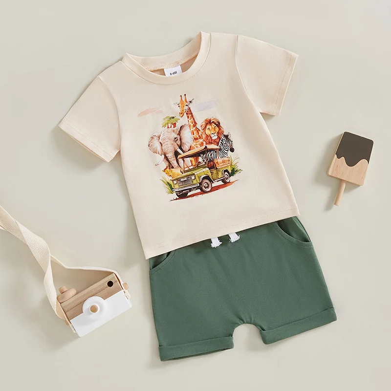 Toddler Boy 2 Piece Outfit Set with Dinosaur Print Short Sleeve T-shirt and Solid Color Elastic Waist Shorts for Summer