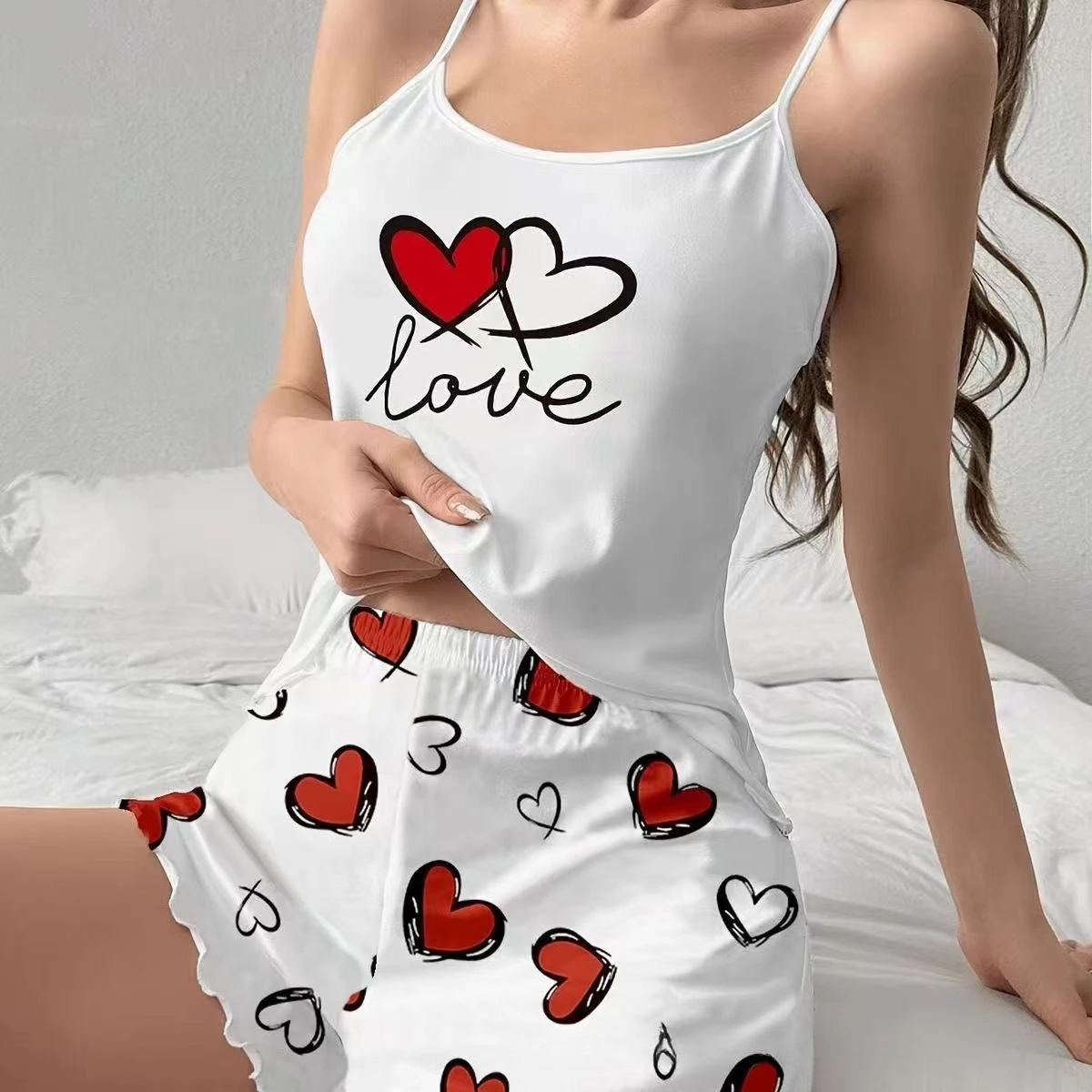 

Women's Pajamas Suspender Shorts Set Cute Cartoon Love Loungewear Two-piece Set Summer Pjs Woman Set Casual Home Clothes Nightie