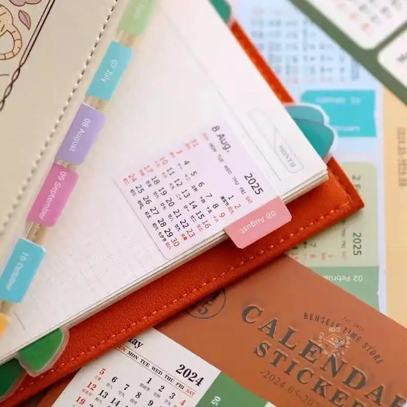 Autocollants de calendrier annuel et mensuel, étiquettes de licence, carnet de notes, agenda, index, marque-page, notes, Kawaii, 2025, 2026