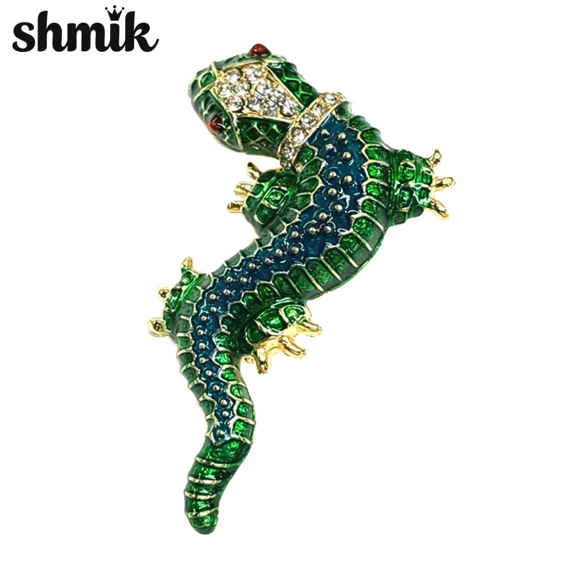 Vintage Green Enamel Lizard Brooch for Women Shiny Rhinestone Gecko Reptile Lapel Pin, Retro Exotic Jewelry Accessory