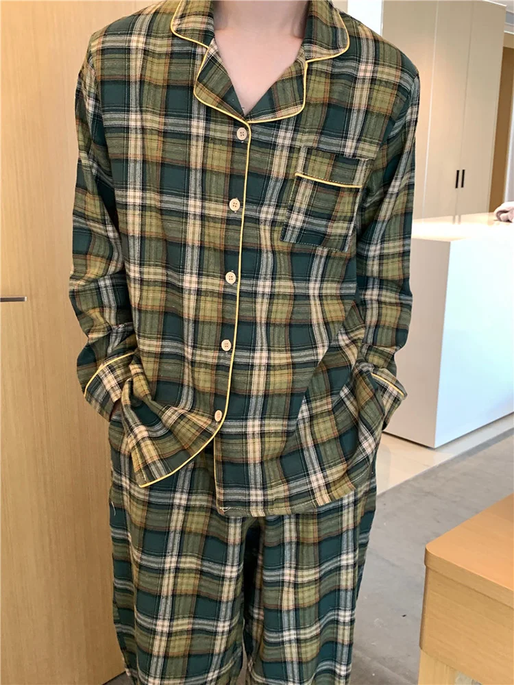 Lover New Home Warm Loose Plaid Simple Korean Long Sleeve Pajama Set Women Couple Kawaii Elegant Casual  Comfortable Sleepwear