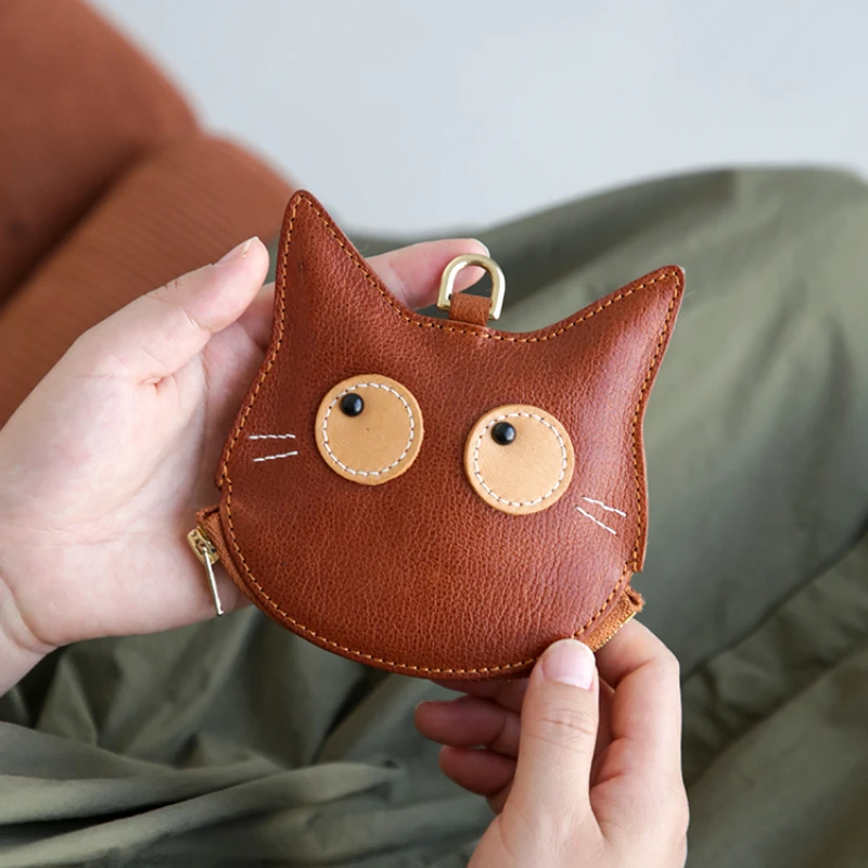 Vintage Soft Genuine Leather Coin Purse Cartoon Kitty Cat Purses for Women Cute Mini Unique Design Thin Wallets with Zipper