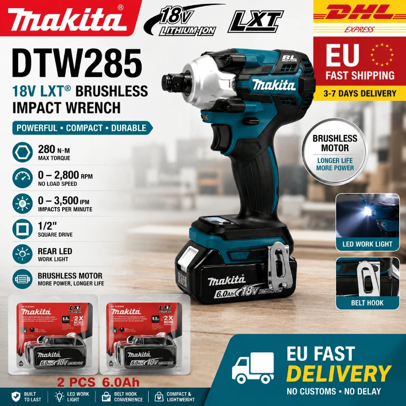 Makita DTW285Z Akku-Schlagschrauber 18V LXT 280Nm, bürstenloser Motor mit 6,0Ah Akku, professioneller Hochleistungs-Schraubendreher, Originalwerkzeug, EU-Lagerbestand, schneller Versand aus Polen.