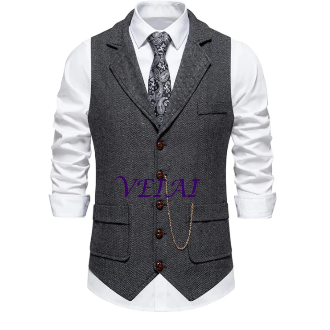 

Customized Men's Retro Lapel Chain Vest Fashion Herringbone Coarse Tweed Pockets Suit Vest British Casual Vintage Gentleman Leis