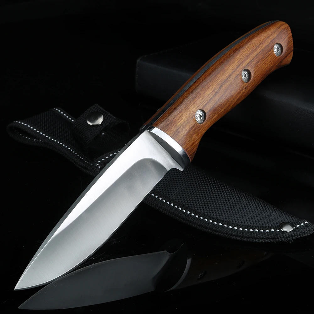 Wooden handle high-quality hunting knife outdoor survival straight blade D2 steel fixed blade knife