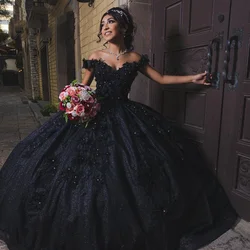 Angelsbridep Black Satin Quinceanera Dresses Ball Gown Floral Appliques Crystal Sweet 16 Dresses Lace-Up Birthday Party Gowns