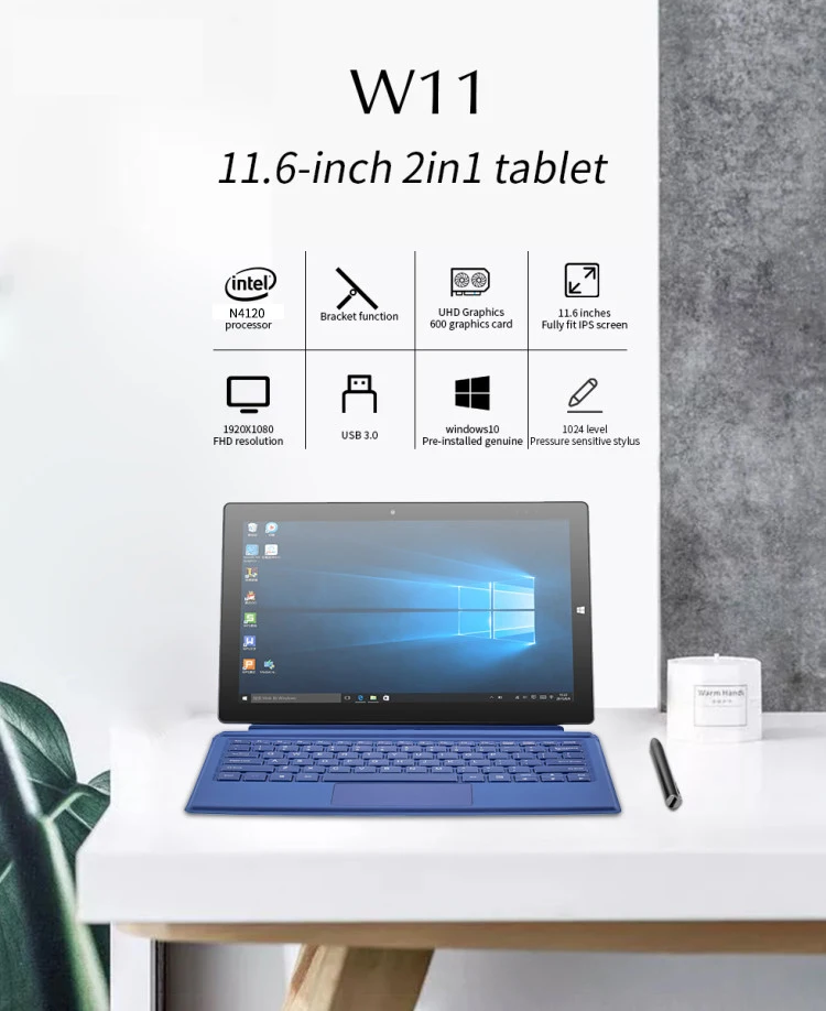 PIPO W11 Intel N4120 2-in-1 Quad-Core Tablet PC Win 10 11.6-inch 1920*1080 IPS Dual Cameras Mini PC with Wifi and BT 4.0 Laptop