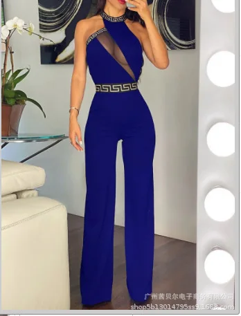 

2026 European and American women's new black sexy perspective mesh splicing hanging neck jumpsuit