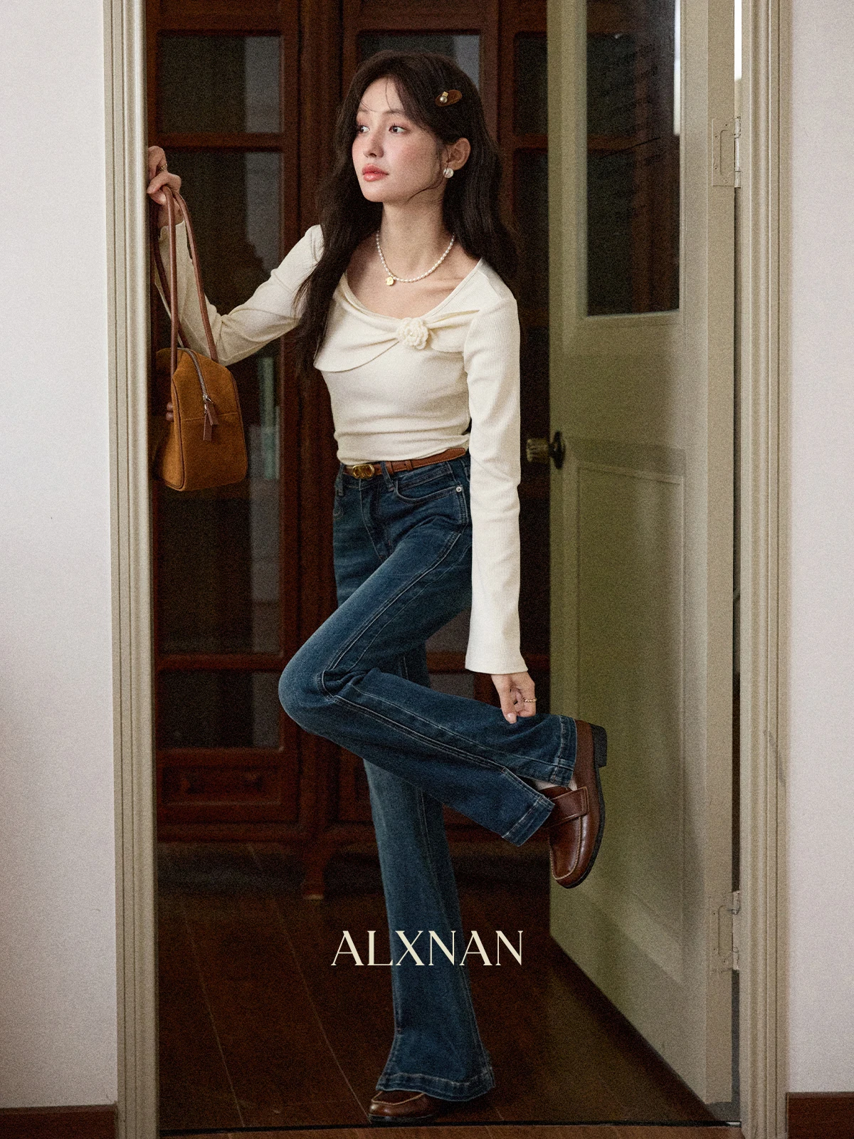 ALXNAN خمر الأزرق سبليت الجينز المرأة الخريف مستقيم القطن الدنيم السراويل عادية أنيقة عالية الخصر مكتب سيدة بنطلون L56975