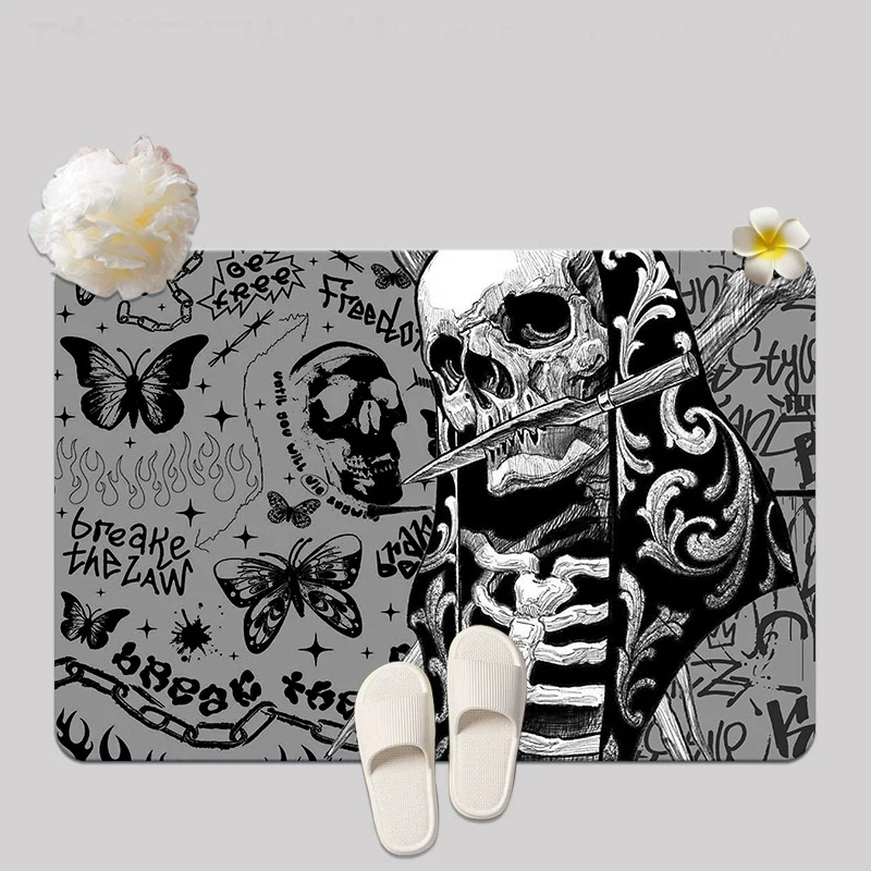 

Dark Gothic Skull Diatom Mud Soft Cushion Absorbent Floor Mat Bathroom Door Mat Household Toilet Door Carpet Non-slip Foot Mat