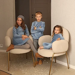Family set girls dress boy casual shirt autumn baby set long sleeve corduroy suit ribbed leggings blue and olive set big pocket