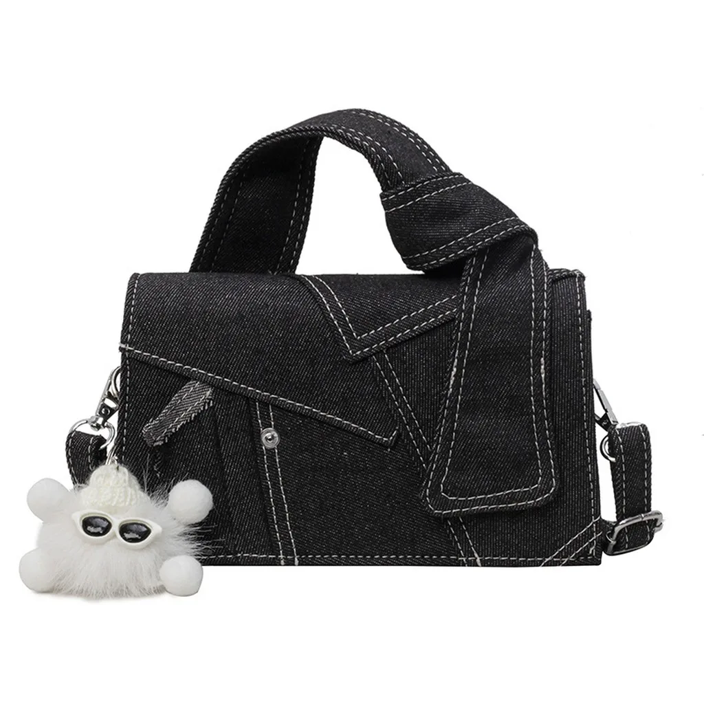 Sac à bandoulière patchwork, sac carré horizontal en jean, sac à bandoulière mignon avec poignée supérieure pour les affaires personnelles quotidiennes
