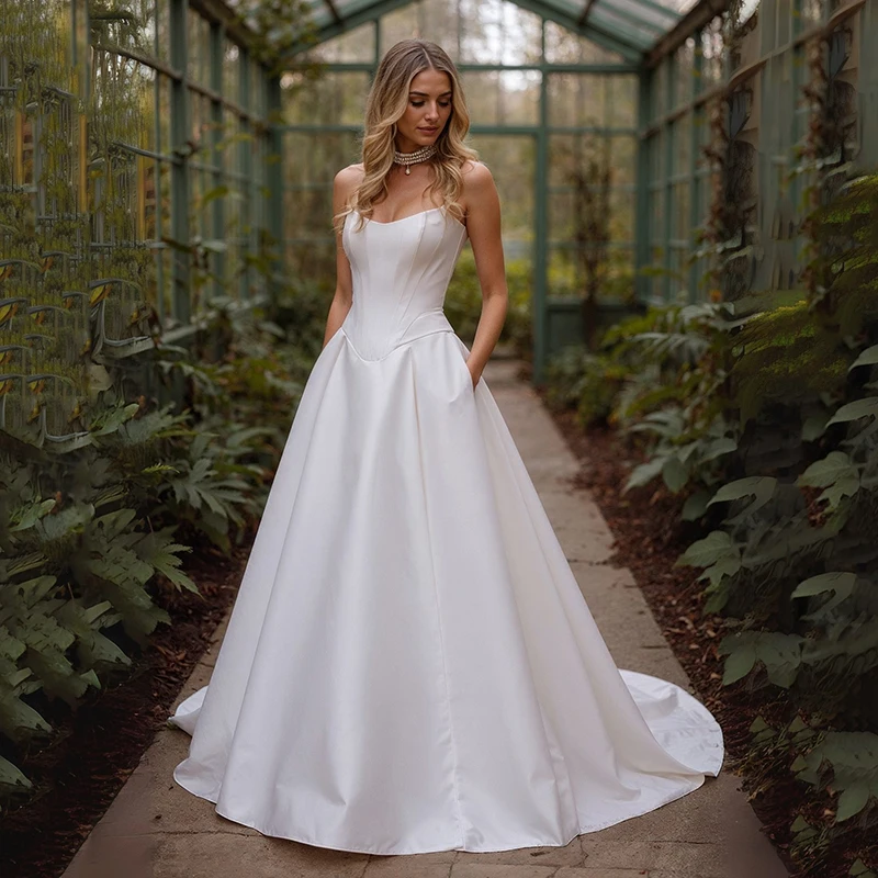 

Eightree 2026 Princess A-Line Wedding Dresses Simple Strapless Pocket Long Bridal Dress Boho Wedding Ball Prom Gowns Customized